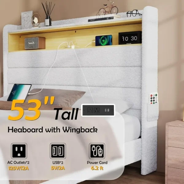 Luxurious Queen Bed Frame: Wingback Headboard, LED Lights, Charging Station, Upholstered Platform, Easy Assembly - Image 3