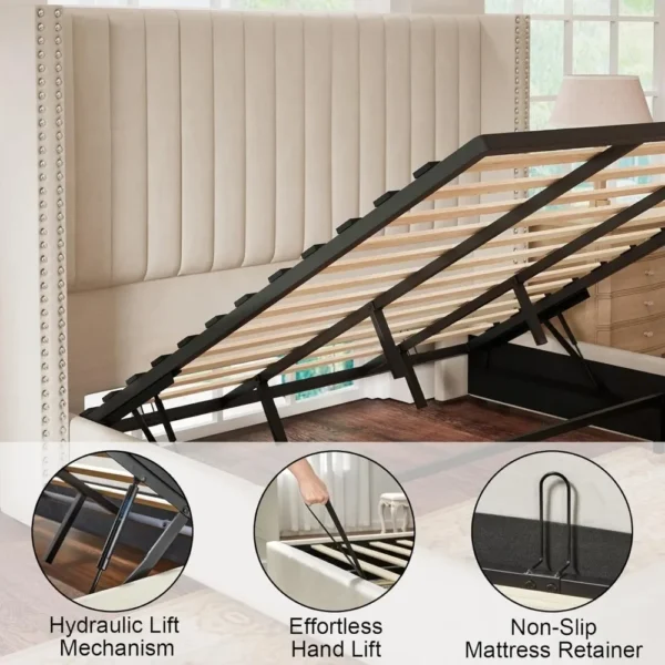 Bed Frame King Size, Lift Up Storage, Upholstered Platform Velvet with Channel Tufted Wingback Headboard, Bed Bases - Image 3