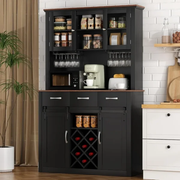 72" Bar Cabinet with Sliding Barn Doors, Kitchen Pantry Storage Cabinet with Wine&Glass Racks, Hutch Buffet Cabinet with Drawers - Image 3