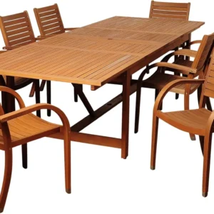 9 Piece Patio Rectangular Extendable Dining Table Set Eucalyptus Wood Ideal for Outdoors and Indoors