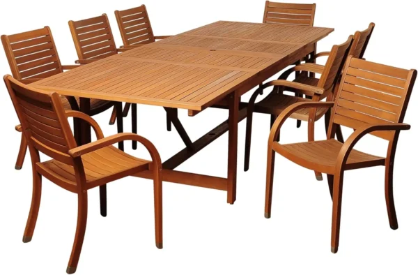 9 Piece Patio Rectangular Extendable Dining Table Set Eucalyptus Wood Ideal for Outdoors and Indoors