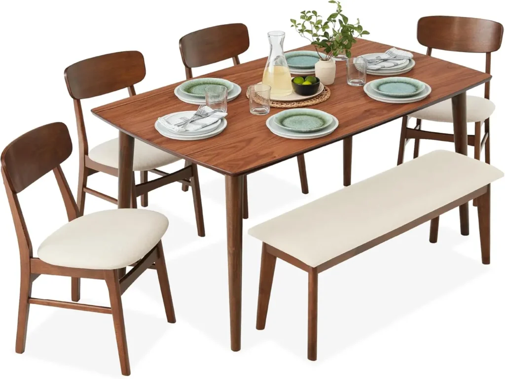 6 Piece Dining Set Mid Century Modern Wooden Table Upholstered Chair Set for Home Kitchen Dining Room with 4 Chairs Bench Seat