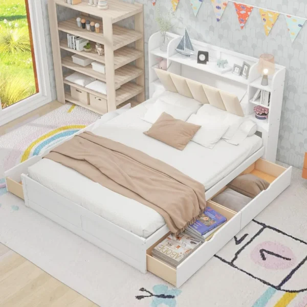 Queen Size Bed Frame with Storage Headboard,Shelves and 4 Drawers, Solid Wood Queen Size Platform Bed Frame - Image 4
