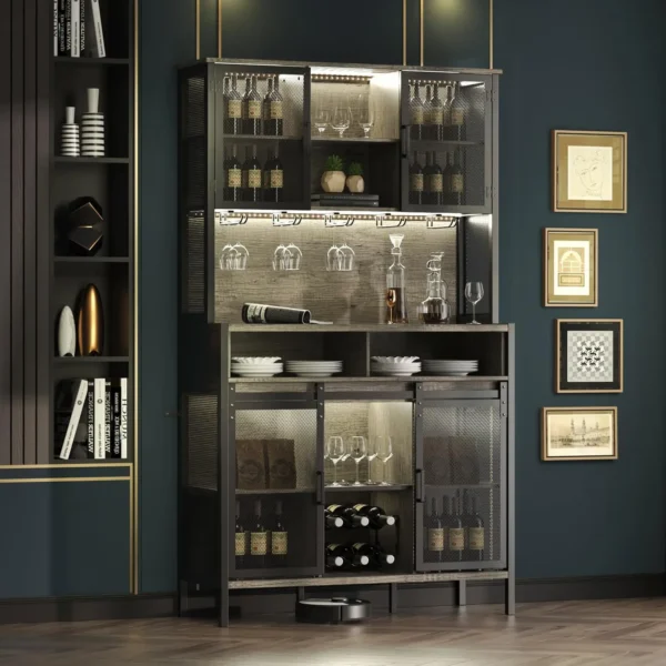 72" Wine Bar Cabinet with Sliding Barn Door, Farmhouse Buffet Cabinets with Wine Rack & Glass Holder, Led Storage Cabinet - Image 7