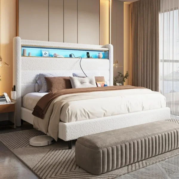 Luxurious Queen Bed Frame: Wingback Headboard, LED Lights, Charging Station, Upholstered Platform, Easy Assembly - Image 6
