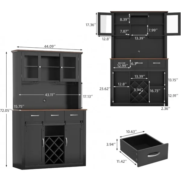 72" Bar Cabinet with Sliding Barn Doors, Kitchen Pantry Storage Cabinet with Wine&Glass Racks, Hutch Buffet Cabinet with Drawers - Image 2
