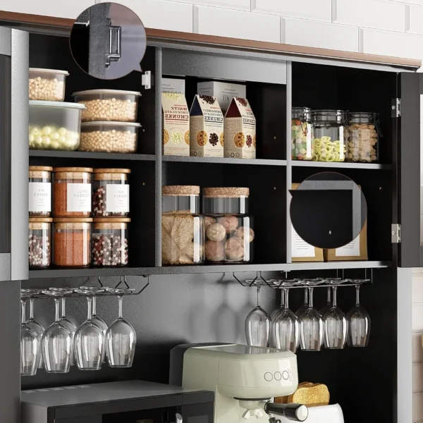 72" Bar Cabinet with Sliding Barn Doors, Kitchen Pantry Storage Cabinet with Wine&Glass Racks, Hutch Buffet Cabinet with Drawers - Image 5
