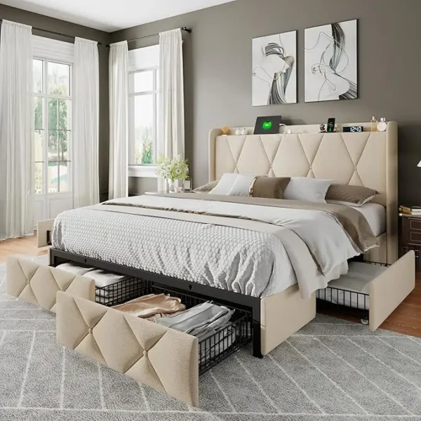 Upholstered Wingback Bed Frame with 4 Storage Drawers for Enhanced Bedroom Organization - Image 8