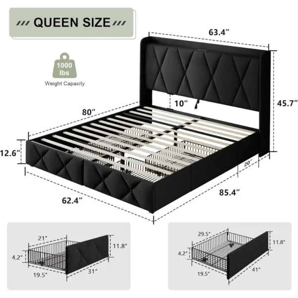 Upholstered Wingback Bed Frame with 4 Storage Drawers for Enhanced Bedroom Organization - Image 2