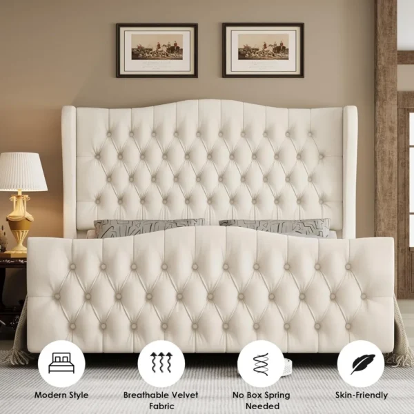 Luxurious Velvet Upholstered Bed Frame with Deep Button Tufted Wingback Headboard and Footboard - Image 5