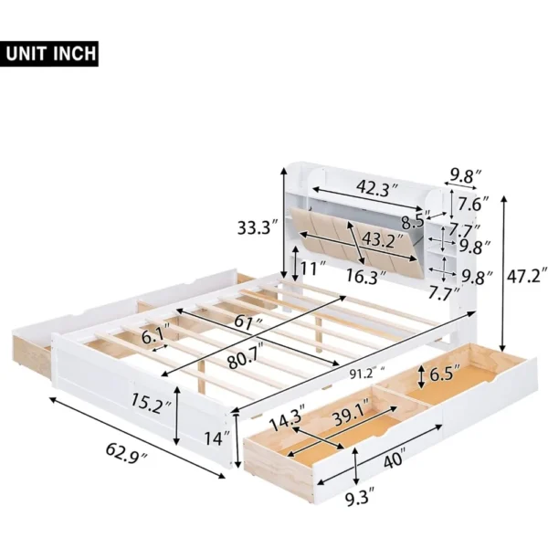 Queen Size Bed Frame with Storage Headboard,Shelves and 4 Drawers, Solid Wood Queen Size Platform Bed Frame - Image 2