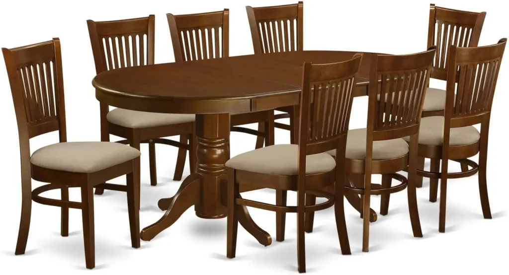 9 Piece Modern Dining Table Set Includes an Oval Wooden Table with Butterfly Leaf and 8 Linen Fabric Upholstered Dining Chairs