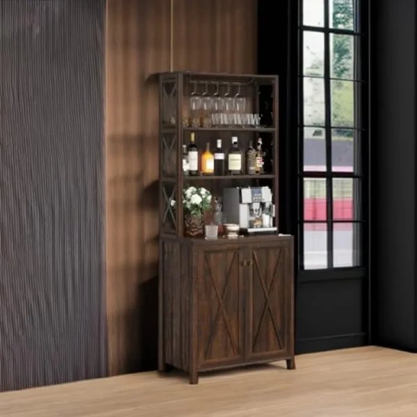 67" Wine Bar Cabinet for Liquor and Glasses, Kitchen Cabinets Coffee Bar with Adjustable Shelves, Open Storage Shelves - Image 5