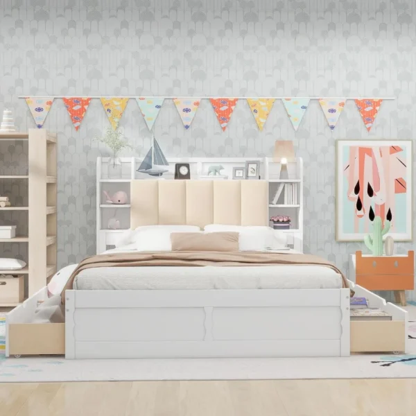 Queen Size Bed Frame with Storage Headboard,Shelves and 4 Drawers, Solid Wood Queen Size Platform Bed Frame - Image 3