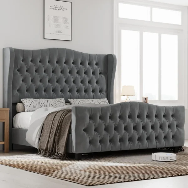 Luxurious Velvet Upholstered Bed Frame with Deep Button Tufted Wingback Headboard and Footboard - Image 7