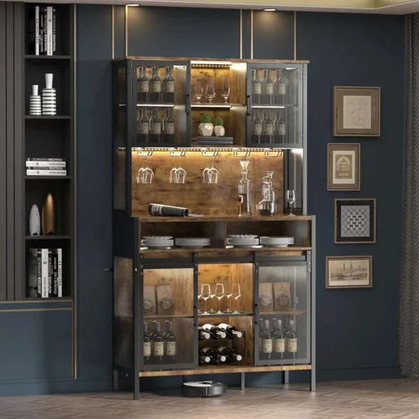 72" Wine Bar Cabinet with Sliding Barn Door, Farmhouse Buffet Cabinets with Wine Rack & Glass Holder, Led Storage Cabinet - Image 8