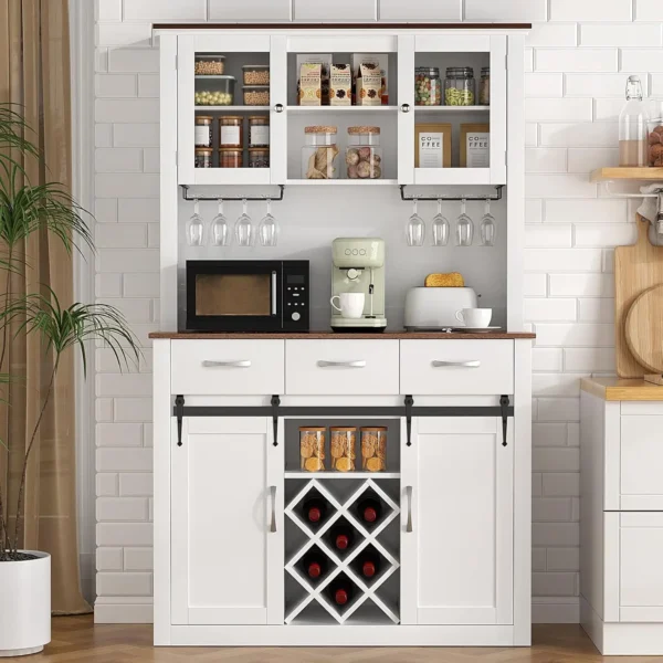72" Bar Cabinet with Sliding Barn Doors, Kitchen Pantry Storage Cabinet with Wine&Glass Racks, Hutch Buffet Cabinet with Drawers - Image 8