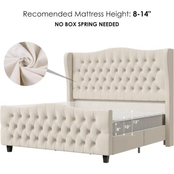 Luxurious Velvet Upholstered Bed Frame with Deep Button Tufted Wingback Headboard and Footboard - Image 6