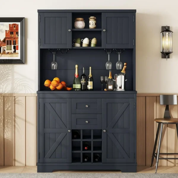 72" Bar Cabinet, Large Kitchen Buffet with Hutch W/Wine & Glasses Rack, Drawers Shelves and Cabinets, Buffet Cabinet Wine - Image 3