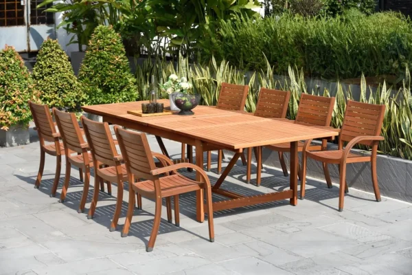 9 Piece Patio Rectangular Extendable Dining Table Set Eucalyptus Wood Ideal for Outdoors and Indoors - Image 2