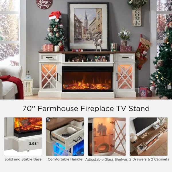 Electric Fireplace TV Stand for TVs up to 80'', Entertainment Center with Glass Door Storage Cabinet, 70'' Large TV Stands - Image 16