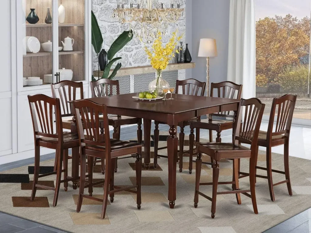 9 Piece Counter Height Dining Table Set with Butterfly Leaf and 8 Dining Chairs (54x54 Inch)