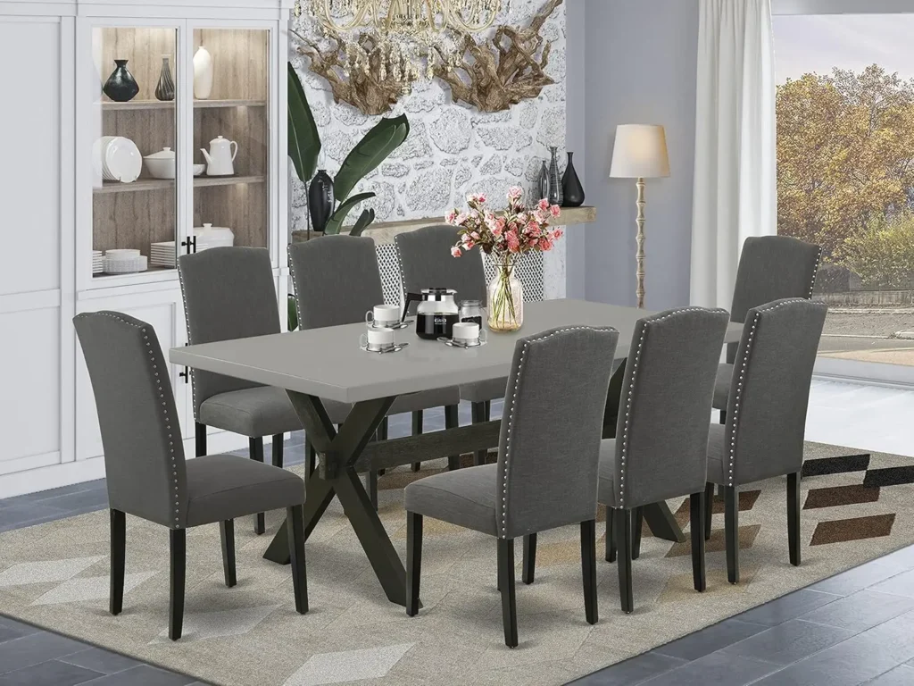9 Pc Dinette Set: Rectangle Table, 8 Upholstered Dining Chairs, Nail Heads, High Stylish Back, Wire Brushed Finish