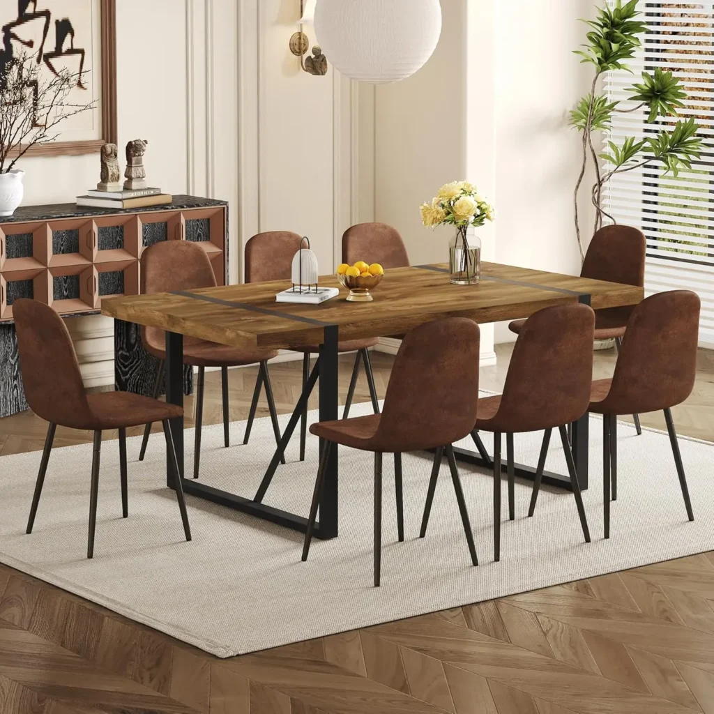 Modern 71” Dark Wood Dining Table and Fabric Dining Chairs Set of 8 for 8