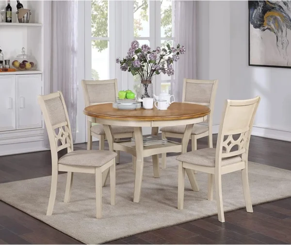 5 Piece Farmhouse Dining Set: Beige and Brown Table with 4 Padded Chairs, Solid Wood, Sturdy, for 4
