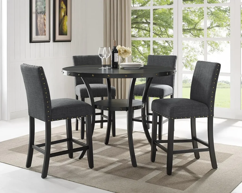 Espresso Wood Counter Height Dining Set with Gray Fabric Nailhead Stools