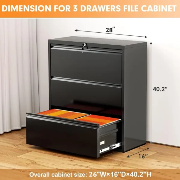 Lateral File Cabinetwit Lock, 3 Drawer, for Legal/Letter A4 Size, Metal Steel Locking Wide File Cabinet for Home Office - Image 5