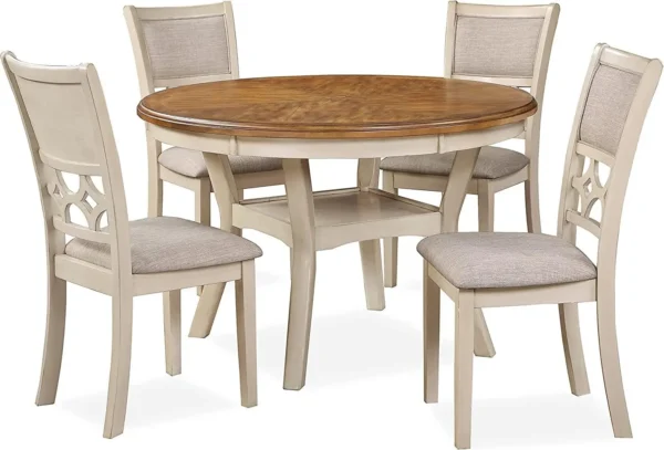 5 Piece Farmhouse Dining Set: Beige and Brown Table with 4 Padded Chairs, Solid Wood, Sturdy, for 4 - Image 3