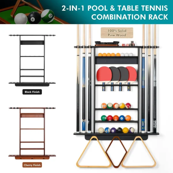 Pool Stick Holder, 2-IN-1 Pool Cue Rack & Ping Pong Paddle Holder, 100% Solid Pine Wood Wall Mount Holds Billiards and Table Ten - Image 3