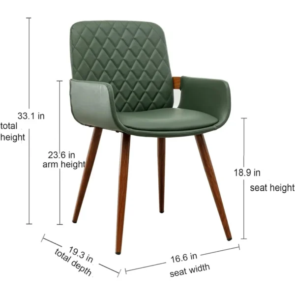 Mid Century Modern Faux Leather Dining Chairs Set of 2, Green, Upholstered Seat, Metal Legs, Adjustable Foot for Kitchen Dining - Image 2