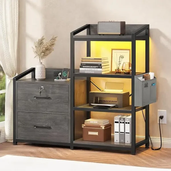 Filing Cabinet fits Letter/A4 Size, 2 Drawe File Cabinets for Home Office with Power Strip, LED Lights, Lock, Open Shelf - Image 8