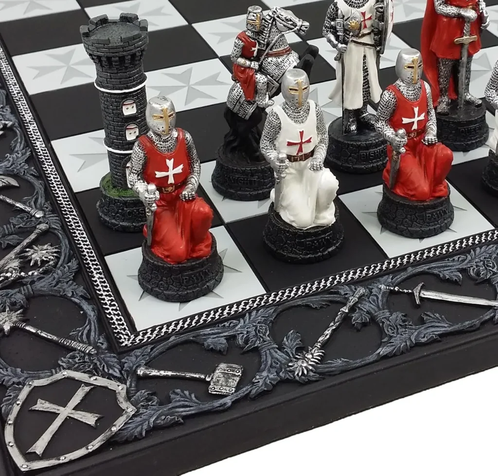 Medieval Times Crusades: Red and White Armored Maltese Knights Chess Set with 17" Board - Hand-Painted Resin Pieces with Felt Bottoms