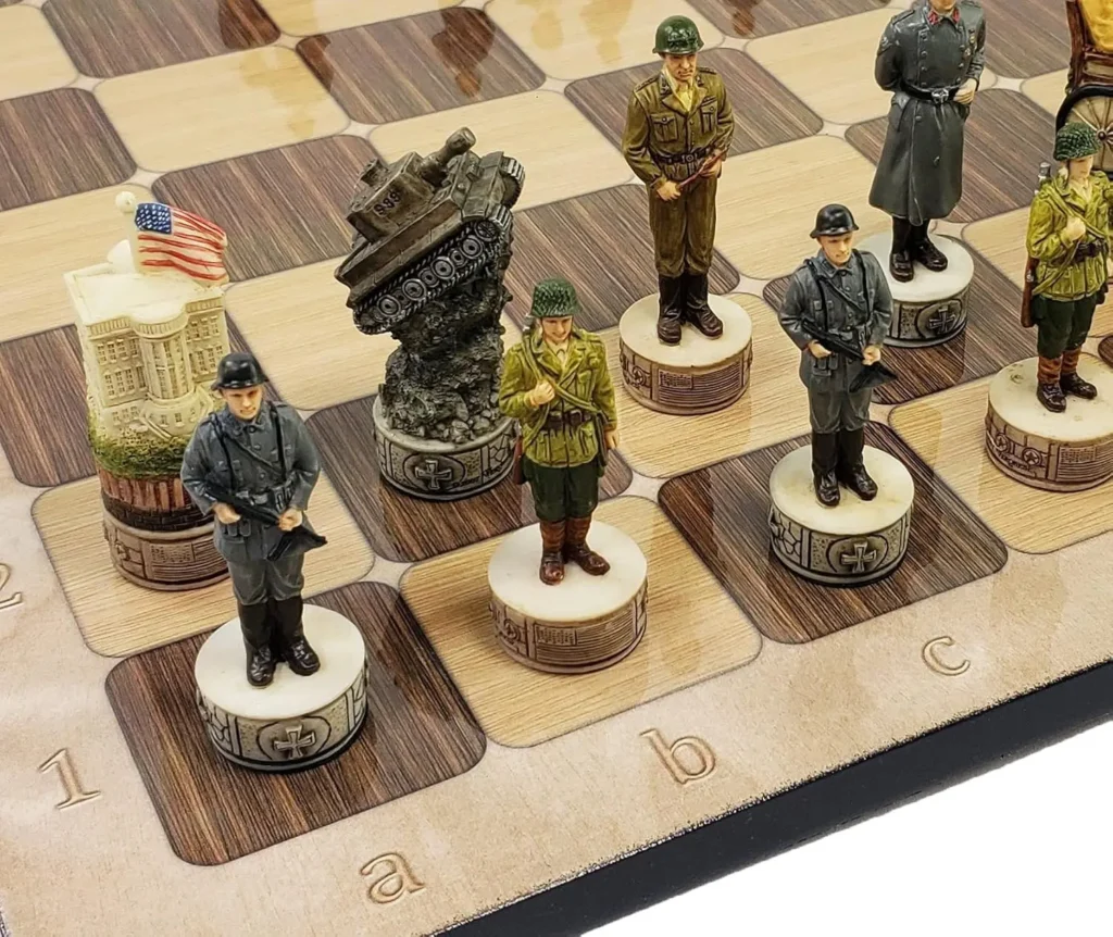 War 2: US vs Germany - Hand-Painted Chess Set with 17" Rustic Ebony and Maple Alpha Numeric Board