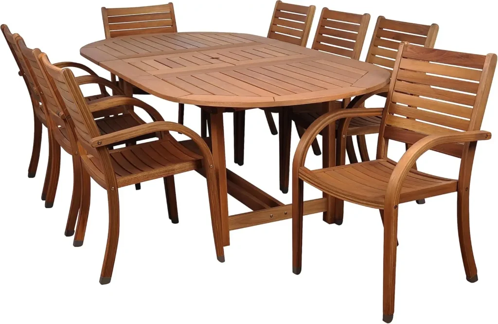 9 Piece Oval Outdoor Dining Set: Eucalyptus Wood, Durable, Stackable Chairs, Ideal for Patio and Backyard