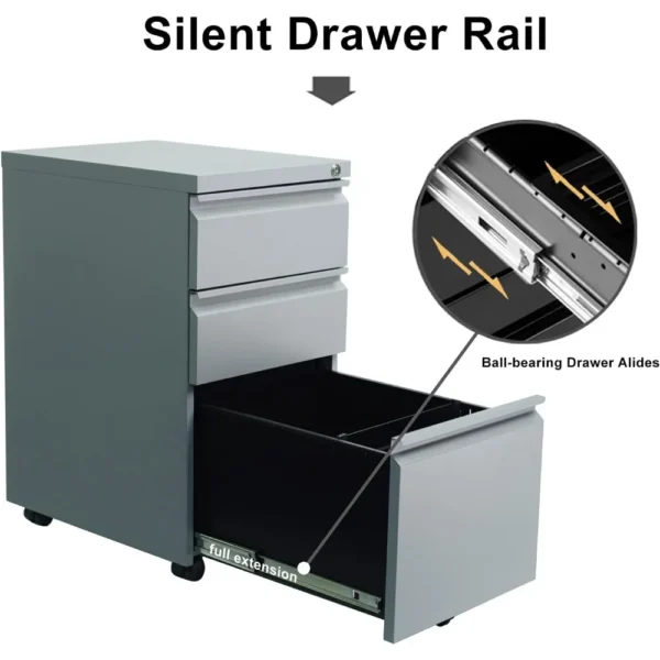 3-Drawer Mobile File Cabinet with Rolling Casters for Legal Documents, Available in Black, Grey, or White, Made in the USA - Image 3