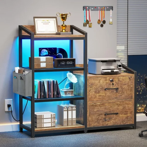 Filing Cabinet fits Letter/A4 Size, 2 Drawe File Cabinets for Home Office with Power Strip, LED Lights, Lock, Open Shelf - Image 3