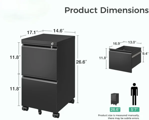 Fully Assembled 2-Drawer Rolling File Cabinet with Lock for Home Office, Black - Image 3