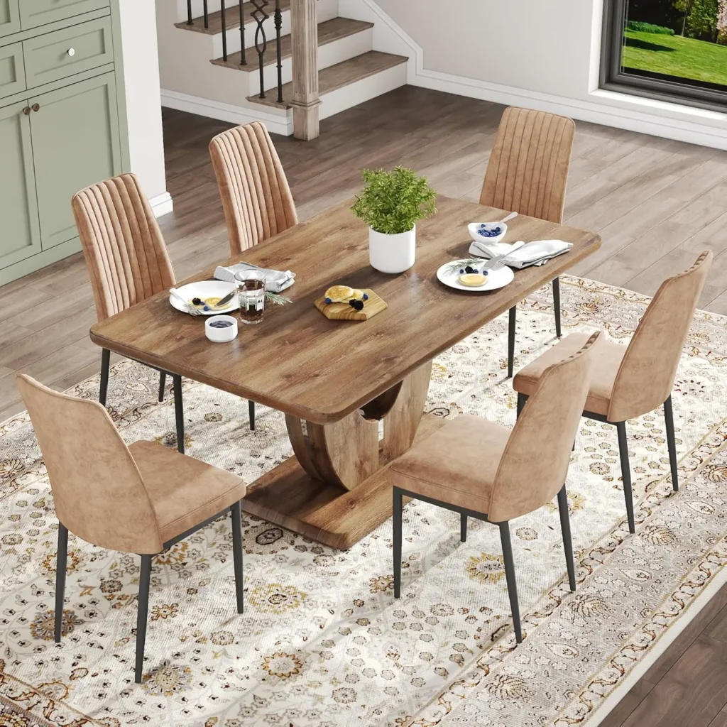 Modern Dining Room Set for 6: 63" Wood Table with Leather Upholstered Chairs
