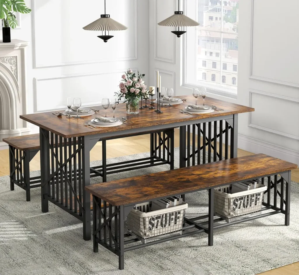 3 Piece Dining Table Set for 4-6 People: 63" Industrial Rectangular Dining Room Table with 2 Benches and Storage