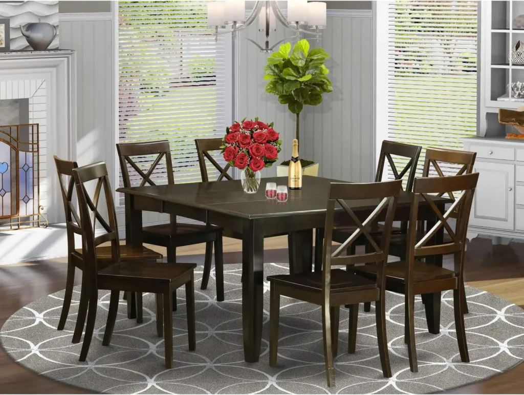 9 Piece Modern Dining Table Set: Square Wooden Table with Butterfly Leaf and 8 Kitchen Dining Chairs (54×54 Inch)