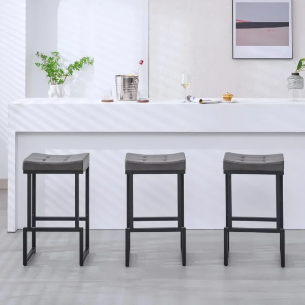 3-Piece 28" Counter Height Bar Stools in Grey Faux Leather with Backless Saddle Design - Image 3