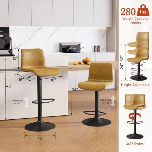 Swivel Bar Stools Set of 4, Counter Height Bar Stools with Back, Adjustable Stools 24" to 32", Faux Leather Stool - Image 3