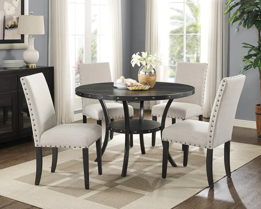 5-Piece Espresso Wood Dining Set with Fabric Nailhead Chairs and Coffee Bean Finish Wooden Look Table Top
