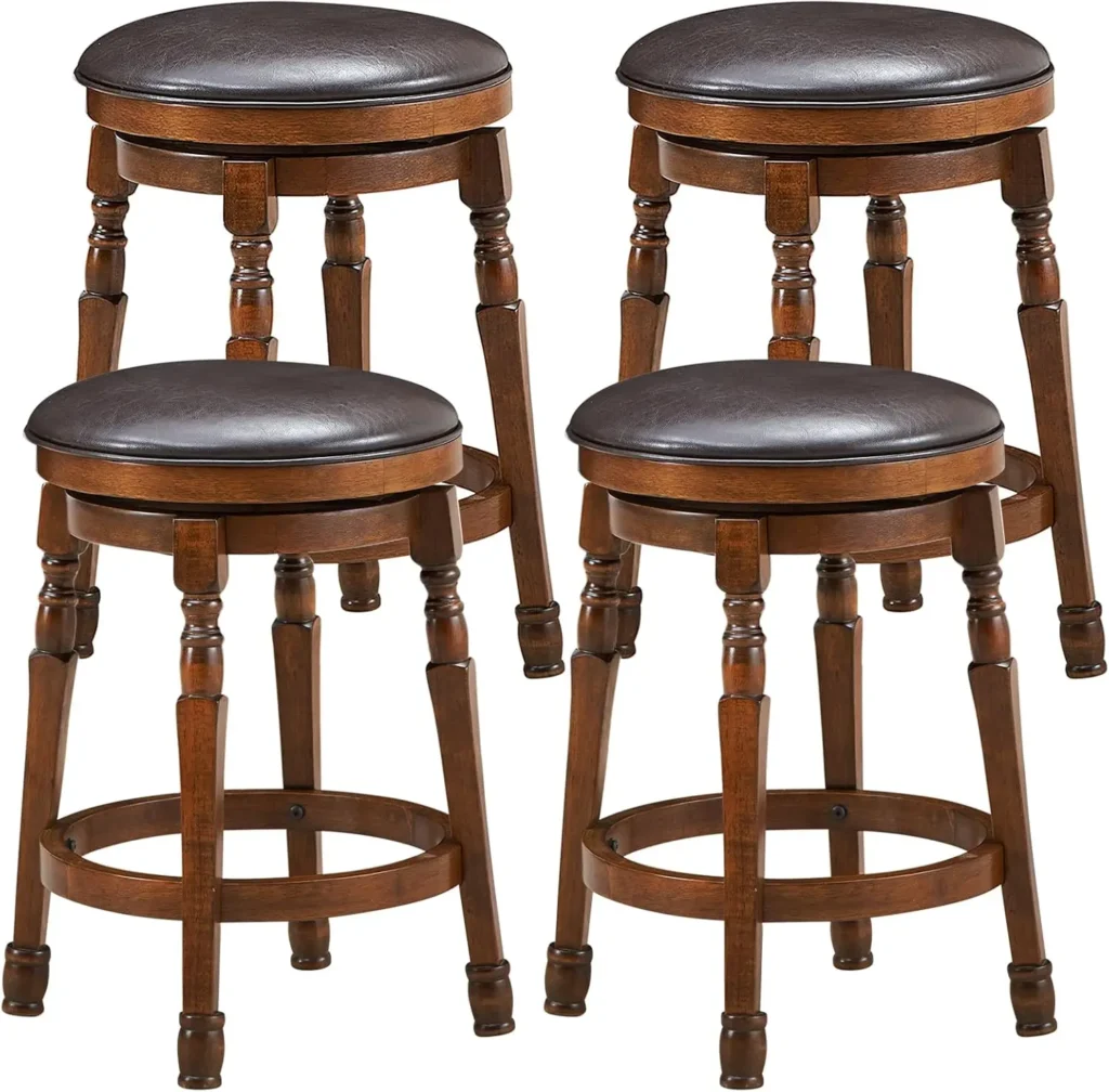 Bar Stools Set of 4 Swivel Barstools 24 Inch Bar Stools Backless Sturdy Solid Wood Chairs with Soft Faux Leather Walnut