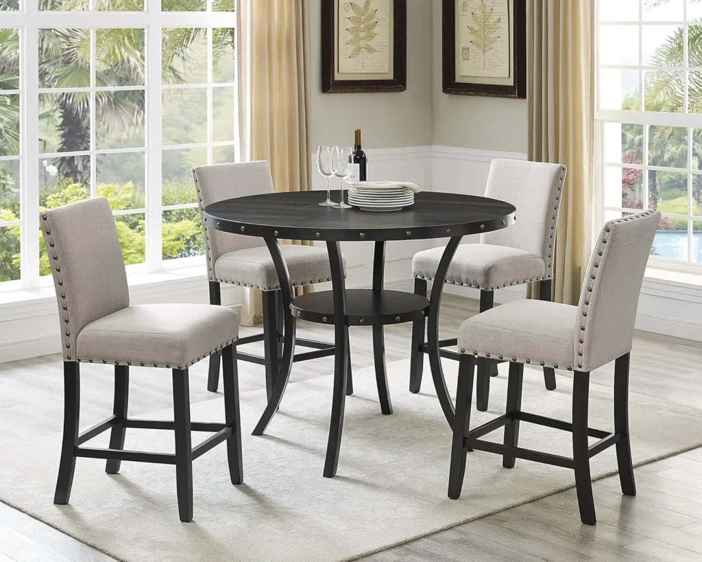 Espresso Wood Counter Height Dining Set with Tan Fabric Nailhead Stools with Metal Legs and Framework Sturdy