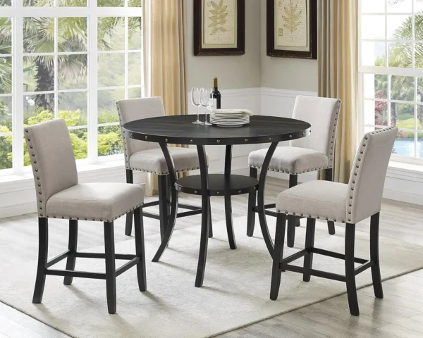 Espresso Wood Counter Height Dining Set with Tan Fabric Nailhead Stools with Metal Legs and Framework Sturdy